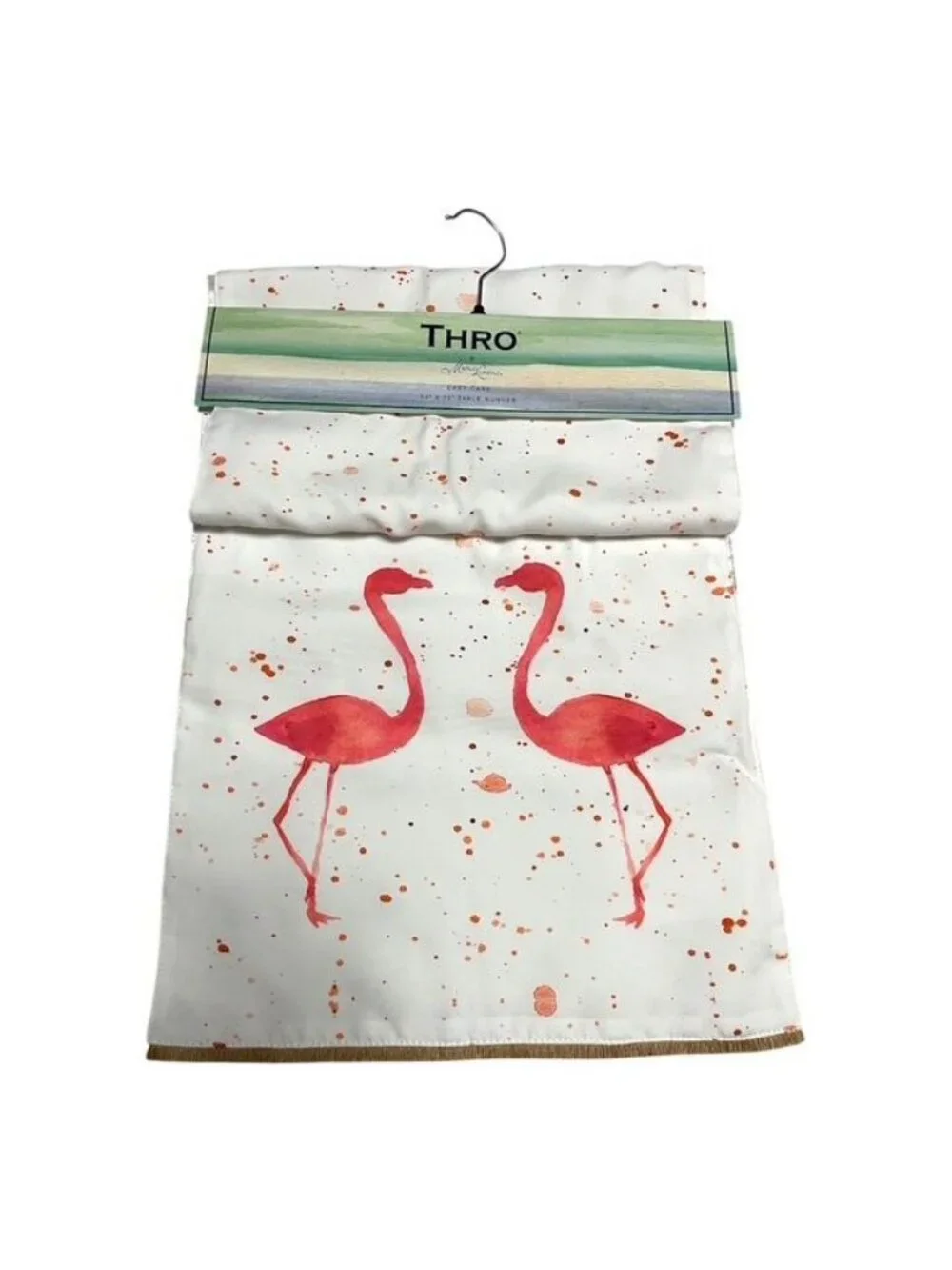 Thro by Marlo Lorenz Flamingo Table Runner 13x72 White Pink Coral Fringe NWT